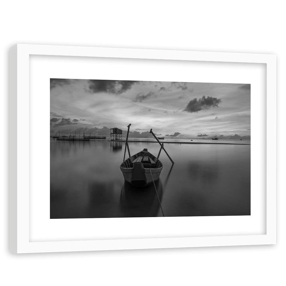 Glezna baltā rāmī - Boat On A Quiet Lake 2 Home Trends DECO