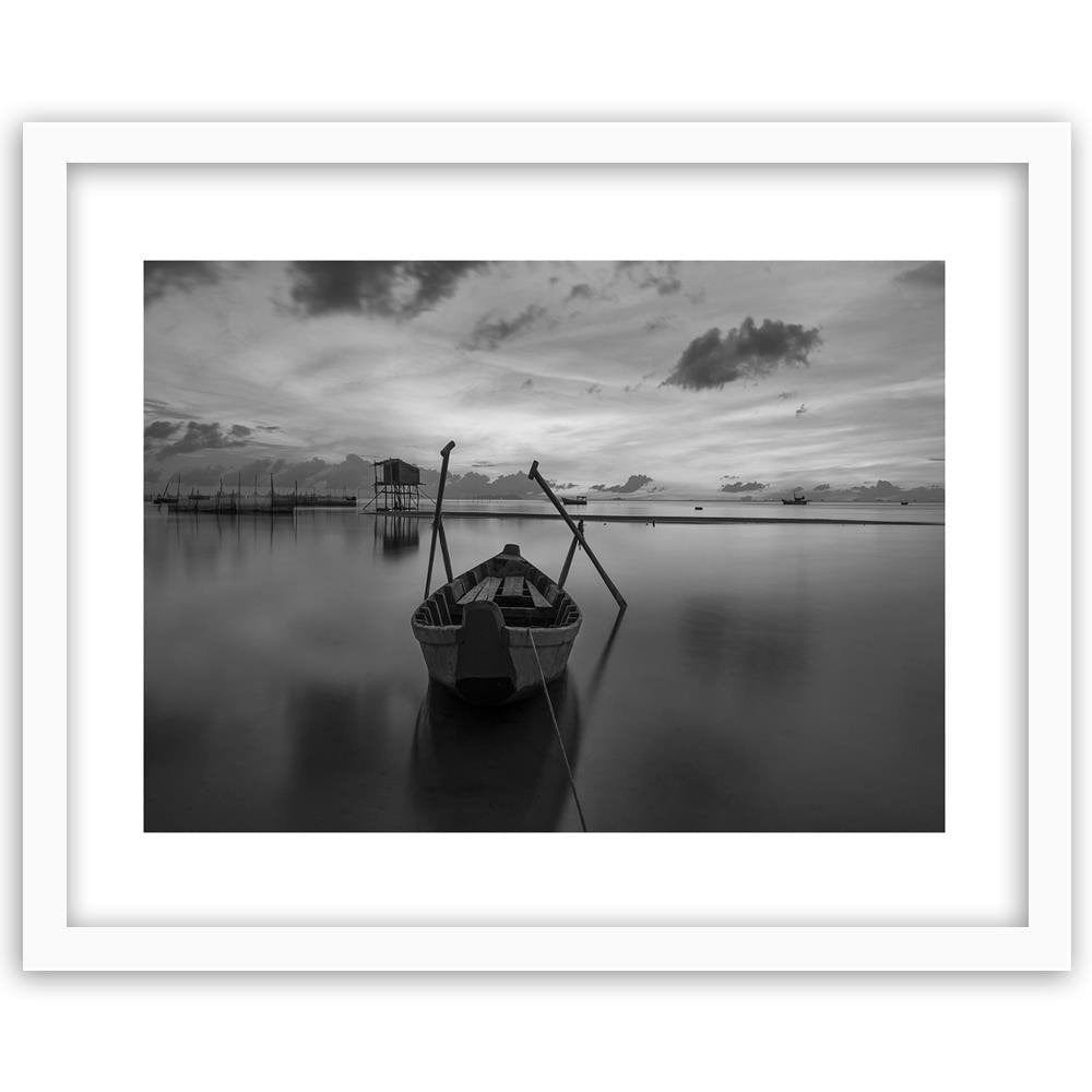 Glezna baltā rāmī - Boat On A Quiet Lake 2 Home Trends DECO