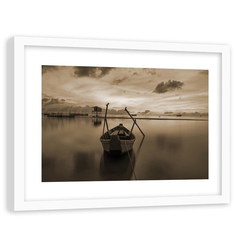 Glezna baltā rāmī - Boat On Calm Lake 1 Home Trends DECO