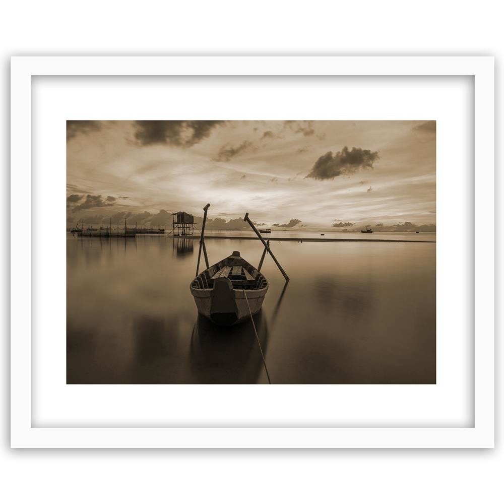 Glezna baltā rāmī - Boat On Calm Lake 1 Home Trends DECO