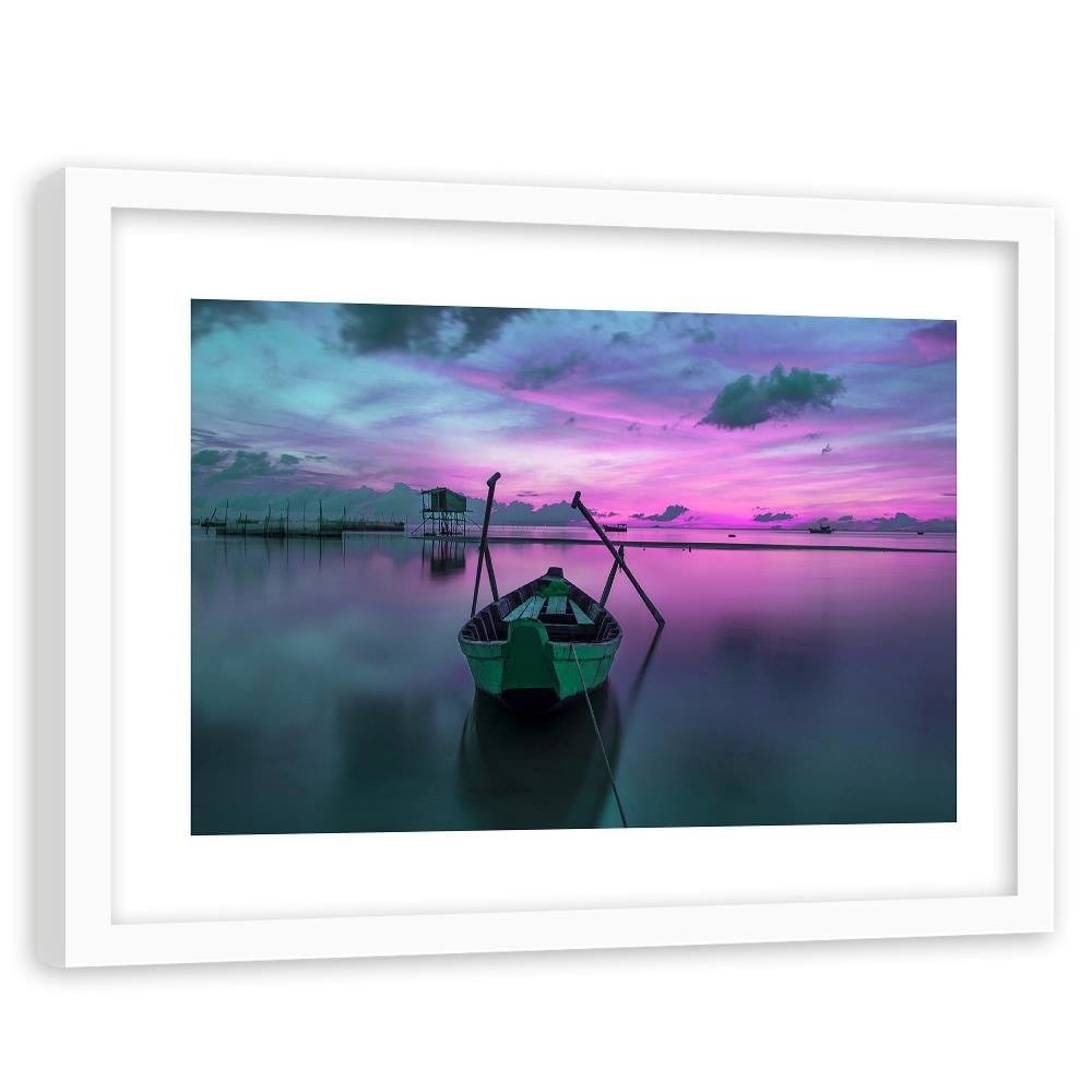 Glezna baltā rāmī - Boat On Calm Lake 4 Home Trends DECO