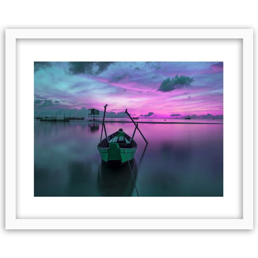 Glezna baltā rāmī - Boat On Calm Lake 4 Home Trends DECO