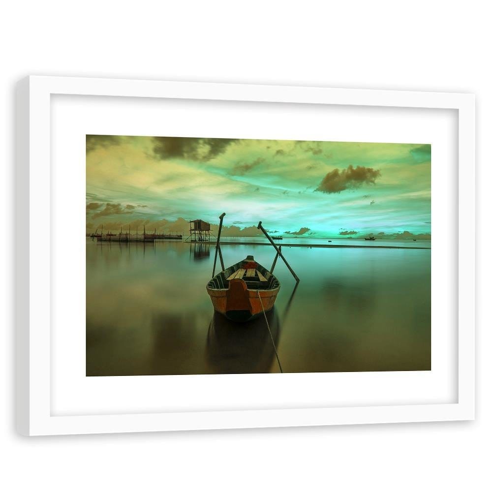 Glezna baltā rāmī - Boat On Calm Lake Home Trends DECO