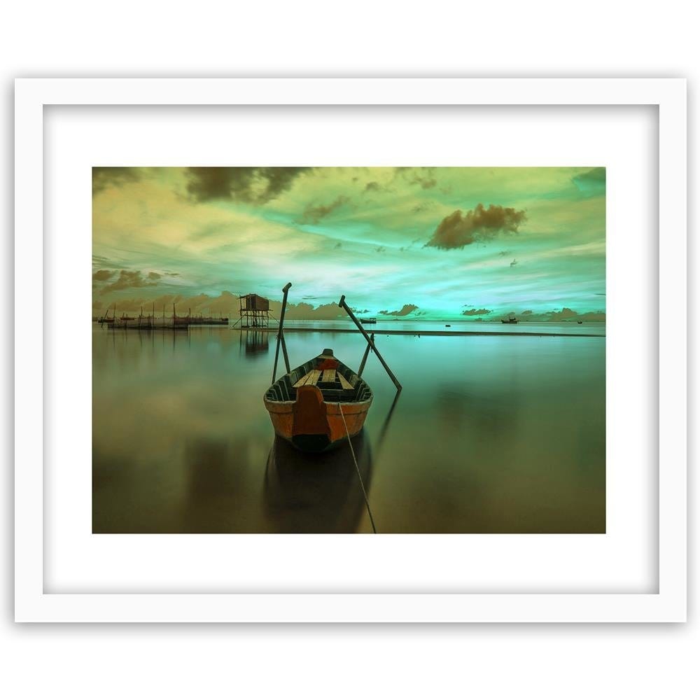 Glezna baltā rāmī - Boat On Calm Lake Home Trends DECO