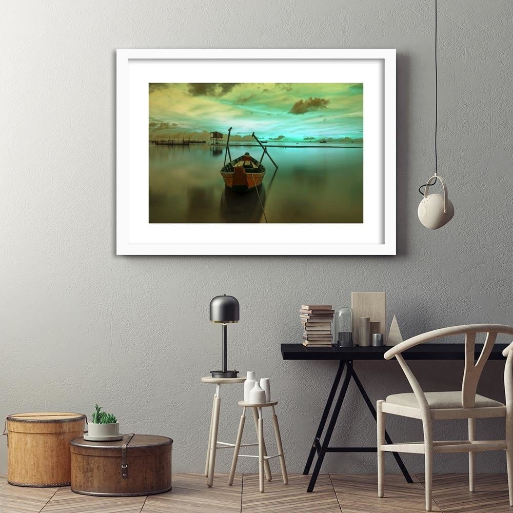 Glezna baltā rāmī - Boat On Calm Lake Home Trends DECO