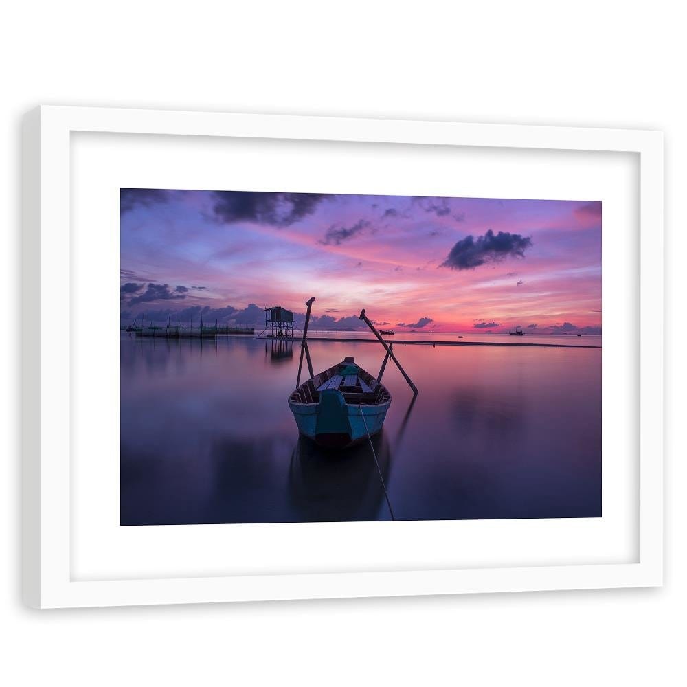 Glezna baltā rāmī - Boat On The Lake Home Trends DECO