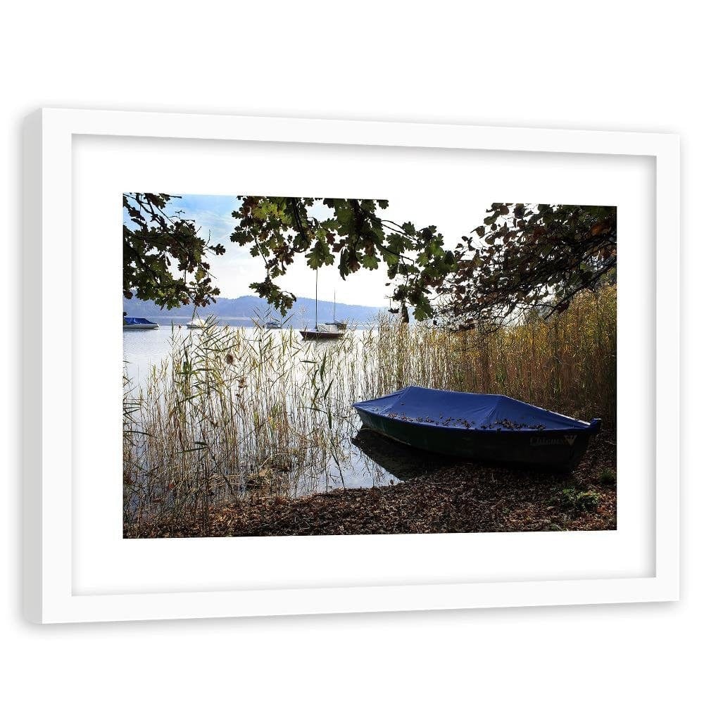 Glezna baltā rāmī - Boats On The Shore Of A Lake Home Trends DECO
