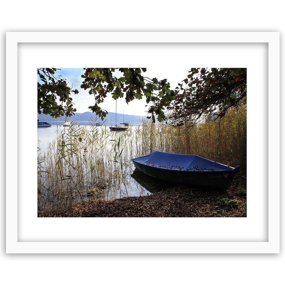 Glezna baltā rāmī - Boats On The Shore Of A Lake Home Trends DECO