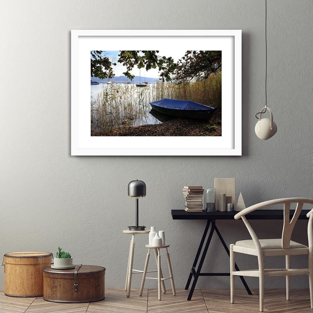 Glezna baltā rāmī - Boats On The Shore Of A Lake Home Trends DECO