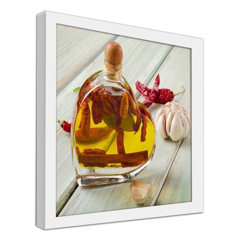 Glezna baltā rāmī - Bottle of olive oil on a wooden table Home Trends DECO