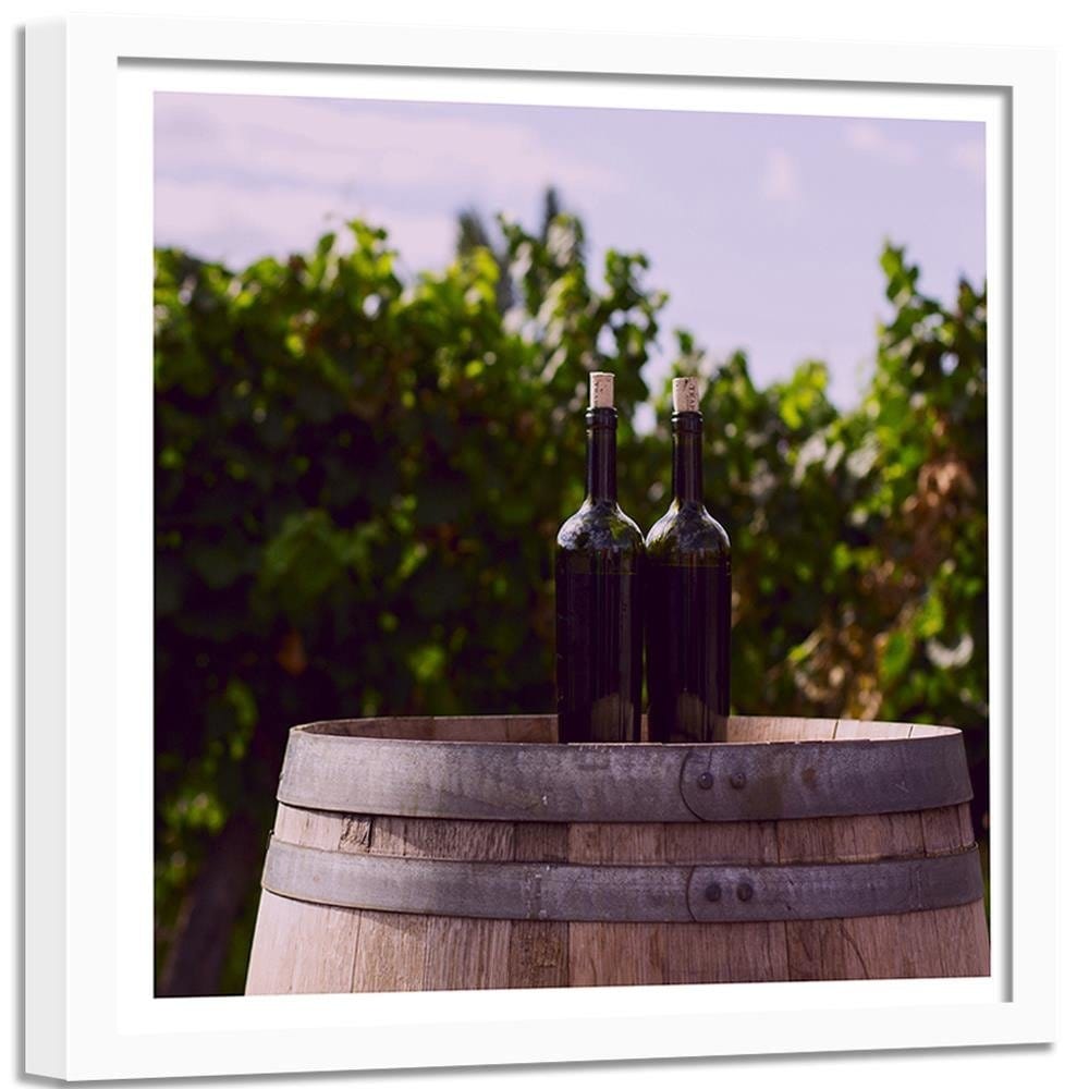 Glezna baltā rāmī - Bottles Of Wine On A Barrel Home Trends DECO