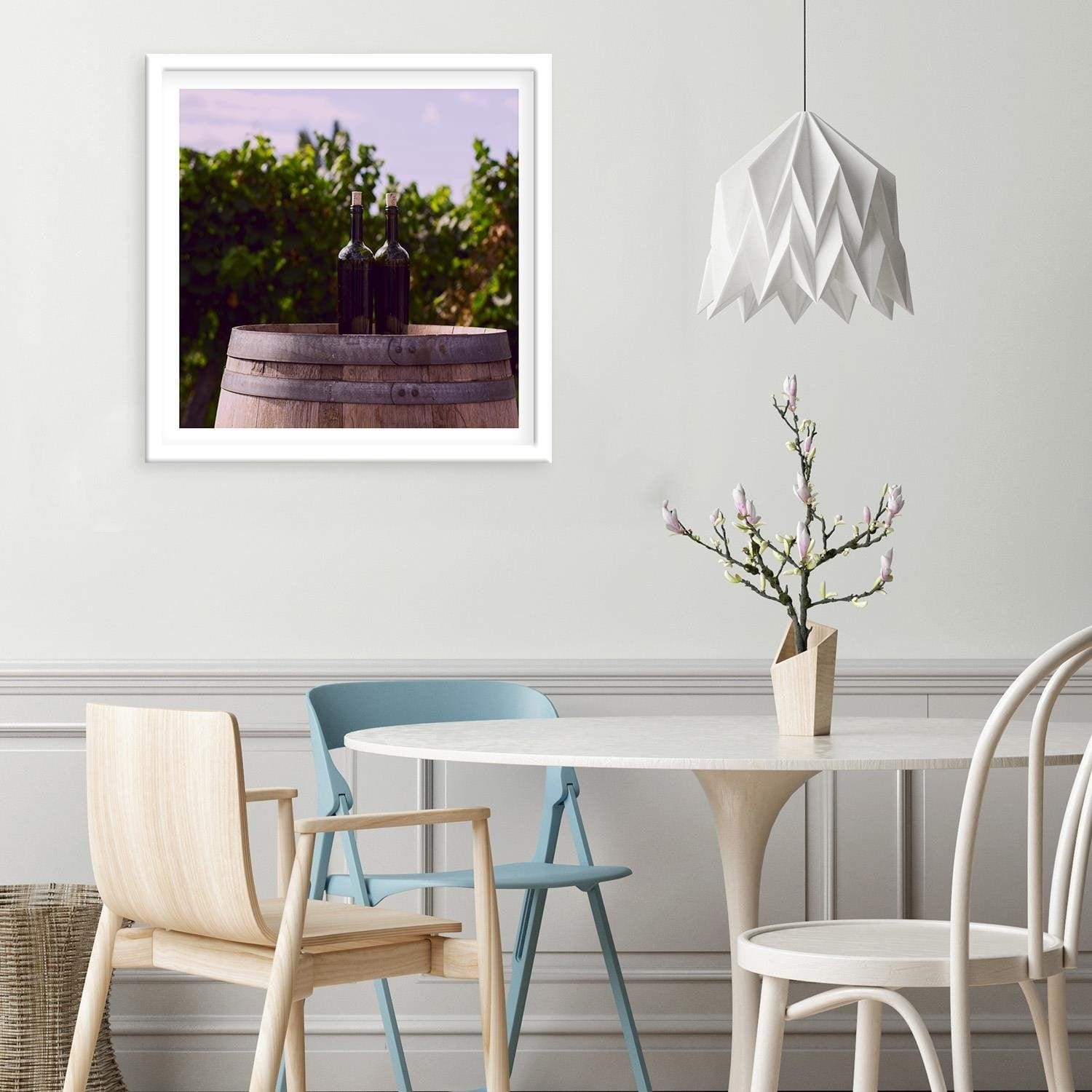 Glezna baltā rāmī - Bottles Of Wine On A Barrel Home Trends DECO