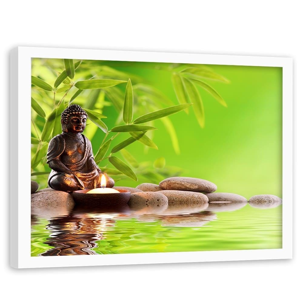 Glezna baltā rāmī - Budda On The Green Background Home Trends DECO