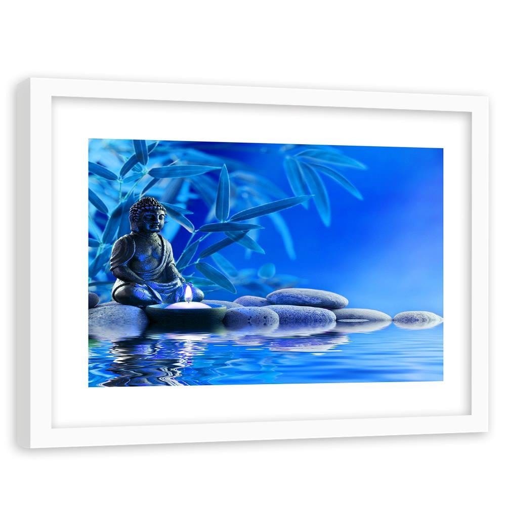 Glezna baltā rāmī - Buddha Over The Water On The Rocks Home Trends DECO