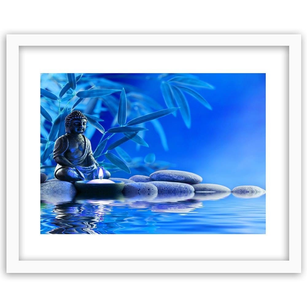 Glezna baltā rāmī - Buddha Over The Water On The Rocks Home Trends DECO