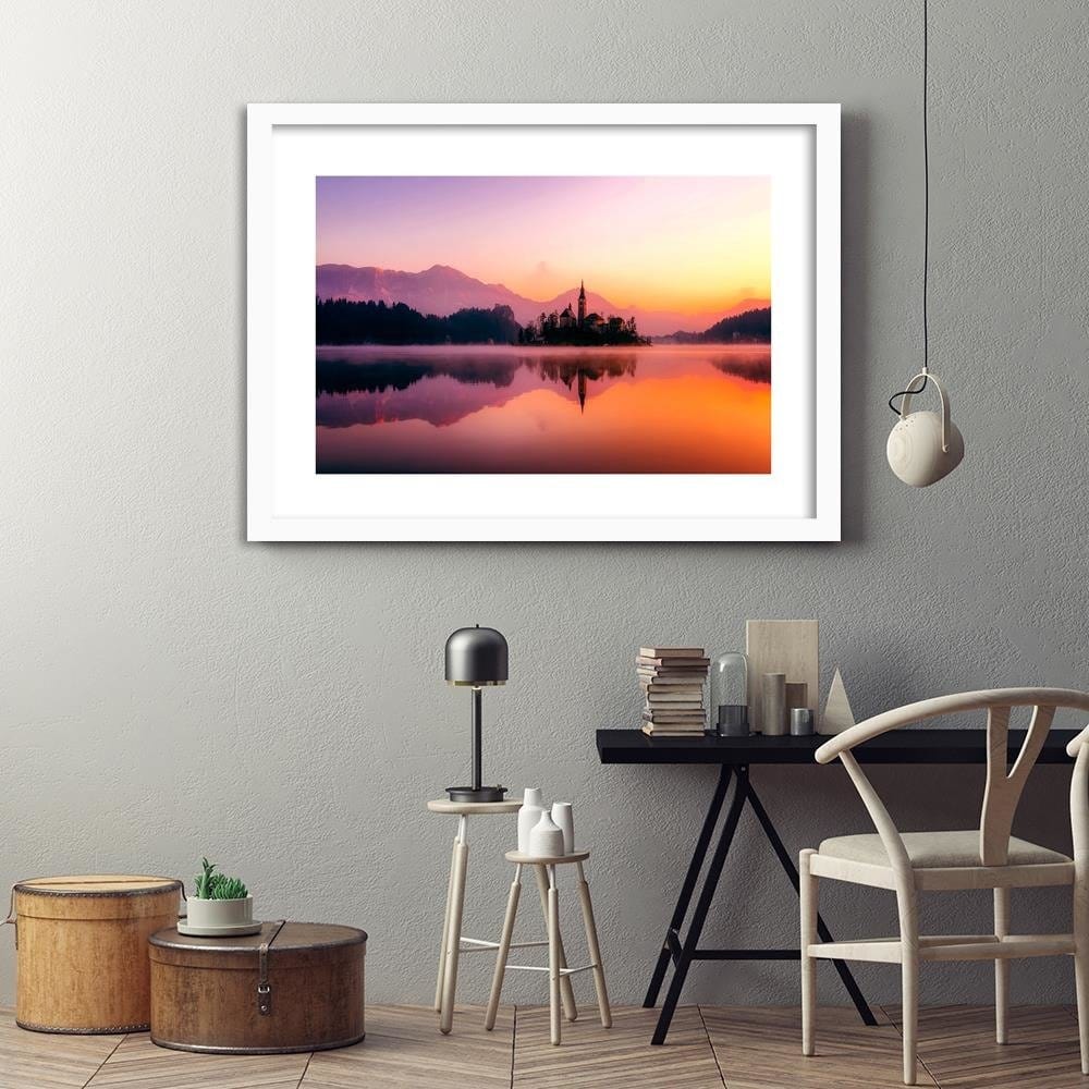 Glezna baltā rāmī - Castle On A Mountain Lake Home Trends DECO