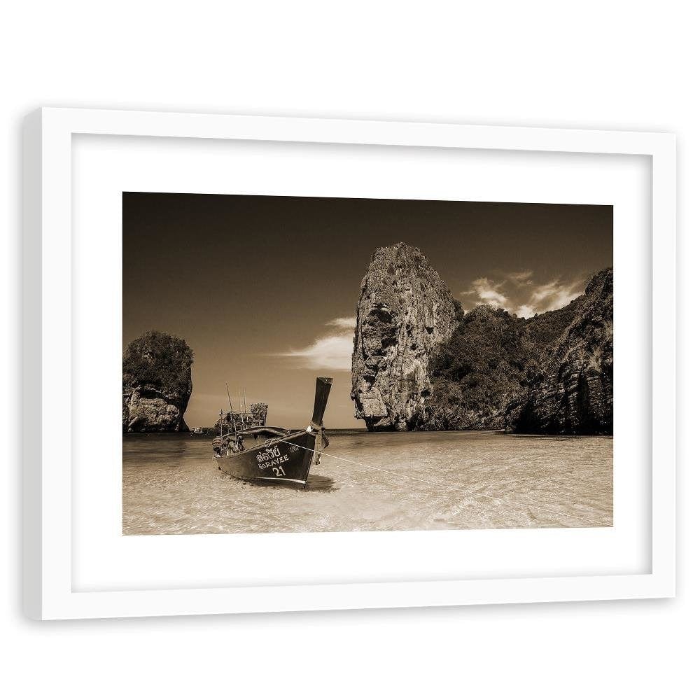 Glezna baltā rāmī - Colorful Boat On The Sea Shore 1 Home Trends DECO