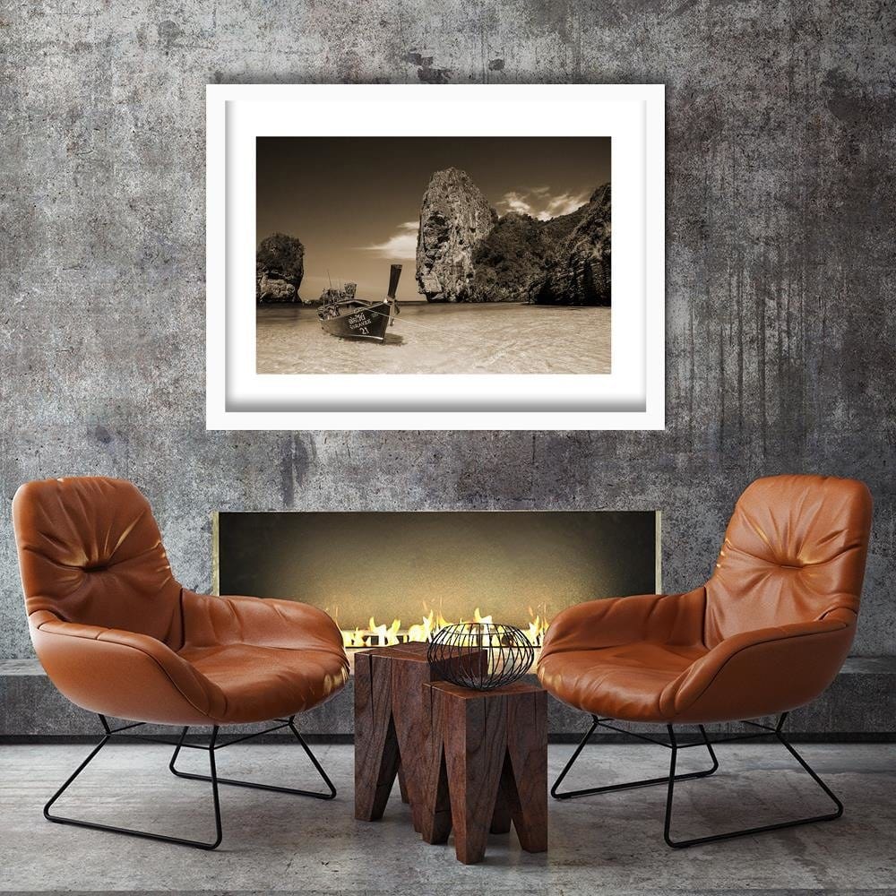 Glezna baltā rāmī - Colorful Boat On The Sea Shore 1 Home Trends DECO
