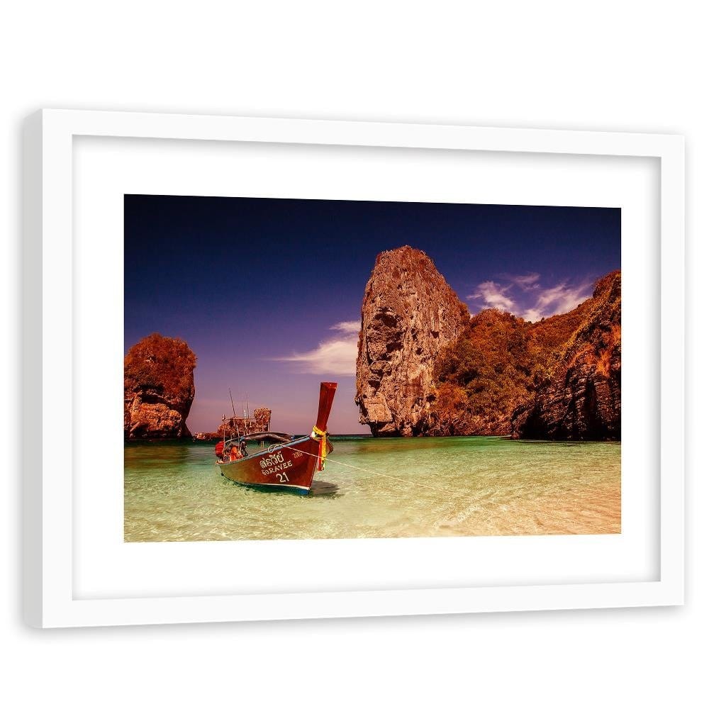 Glezna baltā rāmī - Colorful Boat On The Sea Shore 4 Home Trends DECO