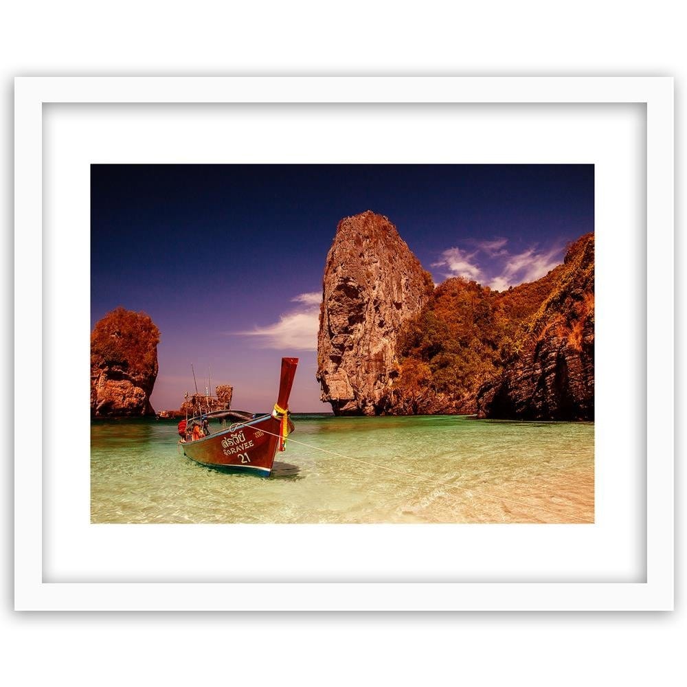 Glezna baltā rāmī - Colorful Boat On The Sea Shore 4 Home Trends DECO