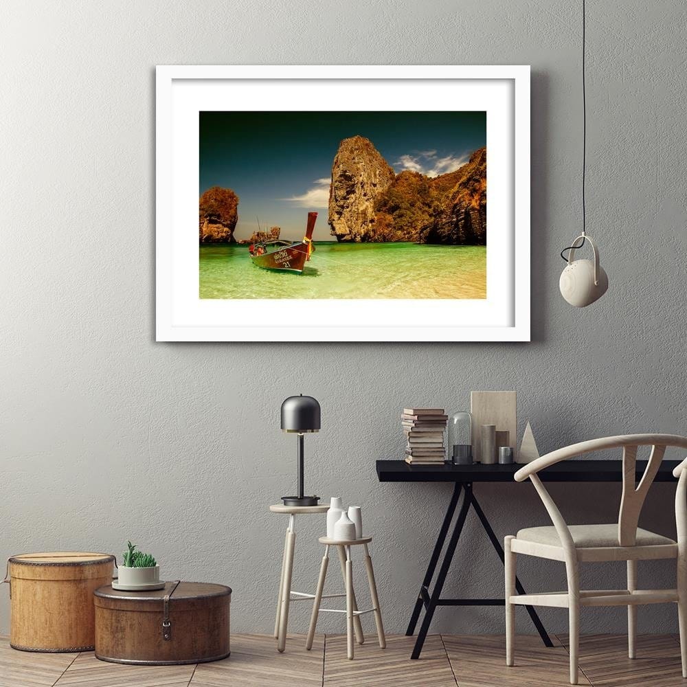 Glezna baltā rāmī - Colorful Boat On The Sea Shore Home Trends DECO