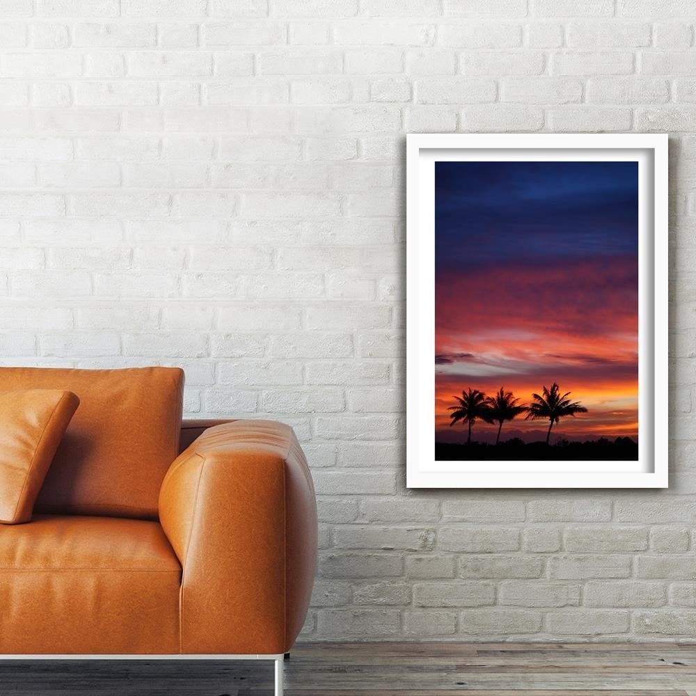 Glezna baltā rāmī - Colorful Sky And Palm Trees Home Trends DECO