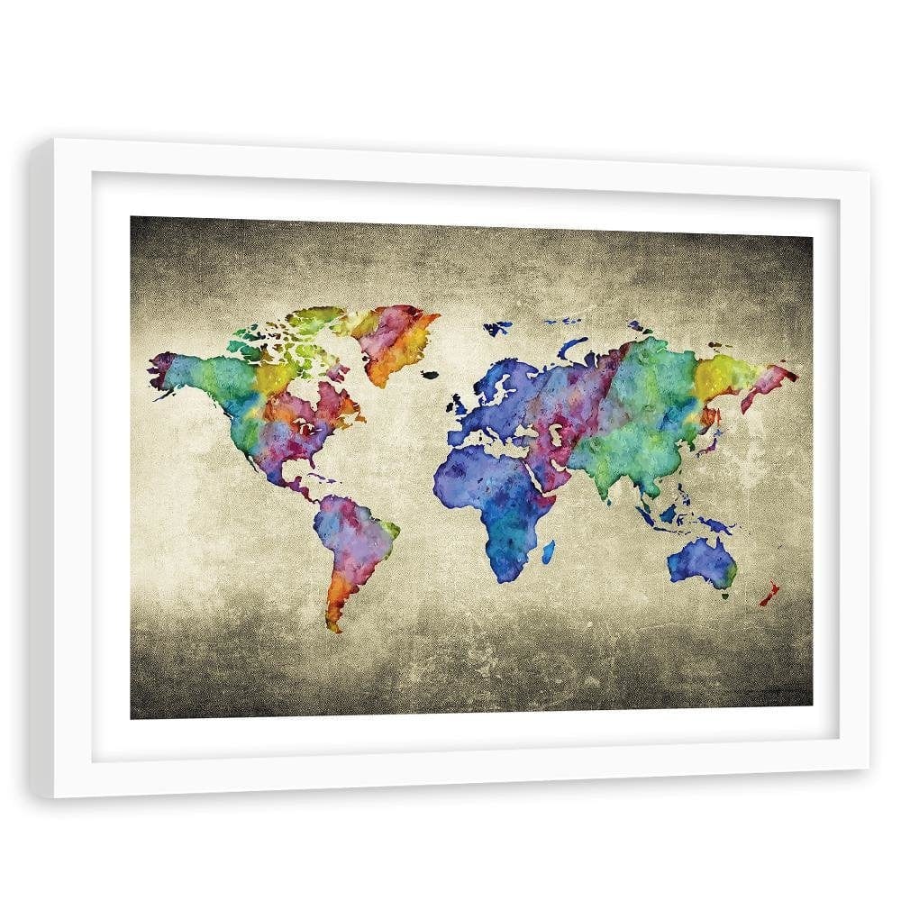 Glezna baltā rāmī - Colorful Vintage World Map Home Trends DECO