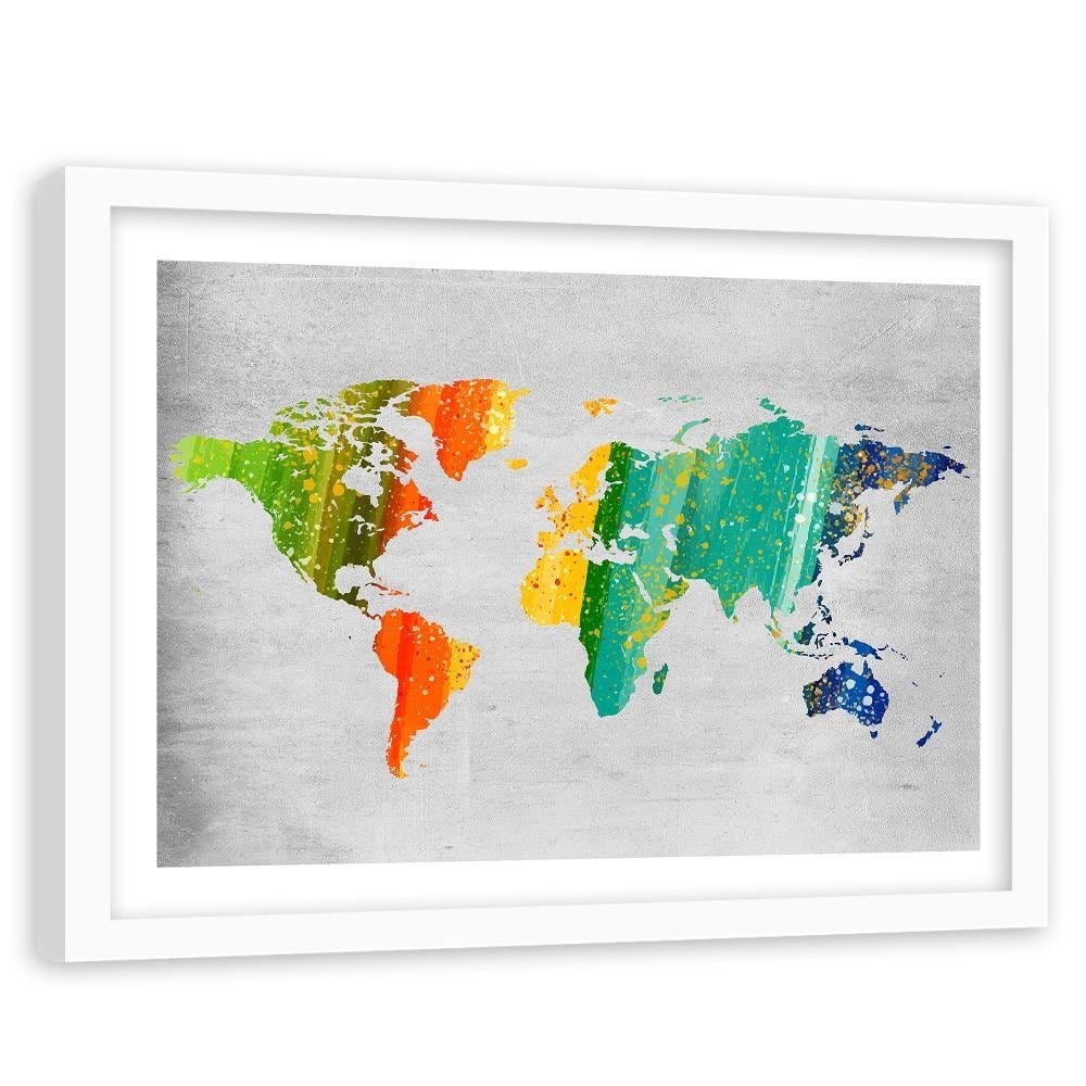 Glezna baltā rāmī - Colorful World Map Home Trends DECO