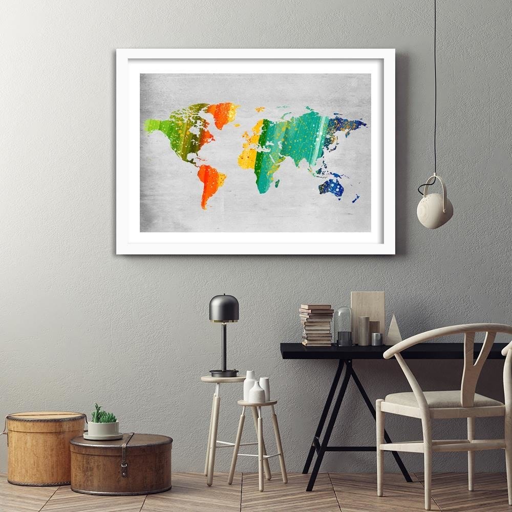 Glezna baltā rāmī - Colorful World Map Home Trends DECO