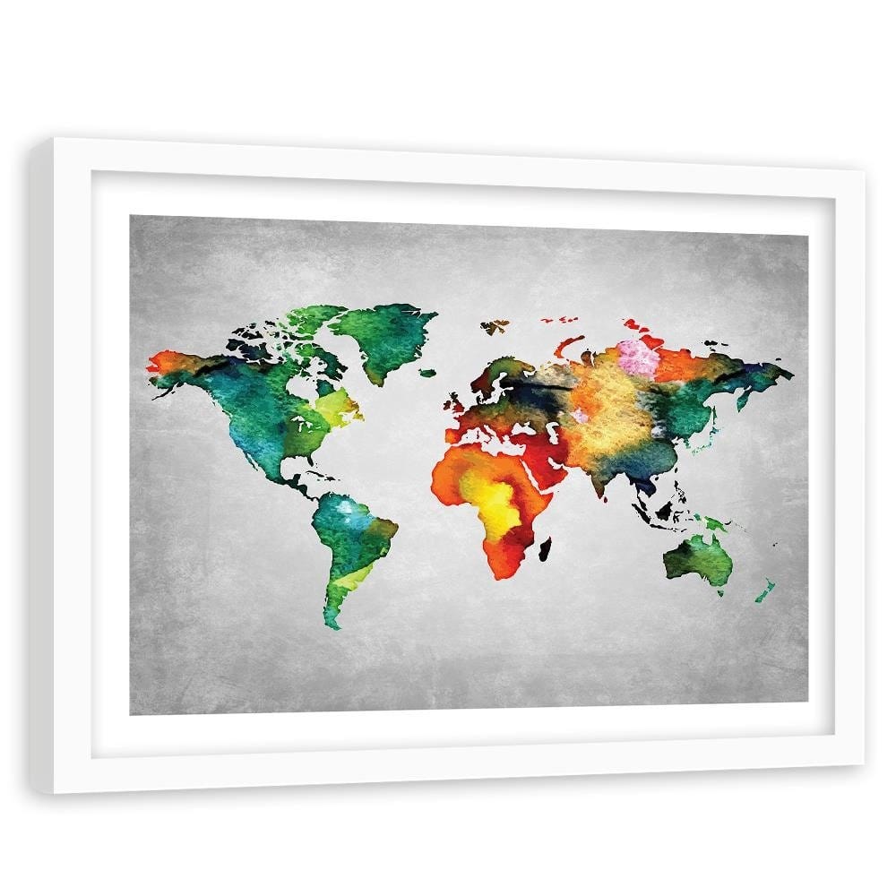 Glezna baltā rāmī - Colorful World Map On Concrete Home Trends DECO