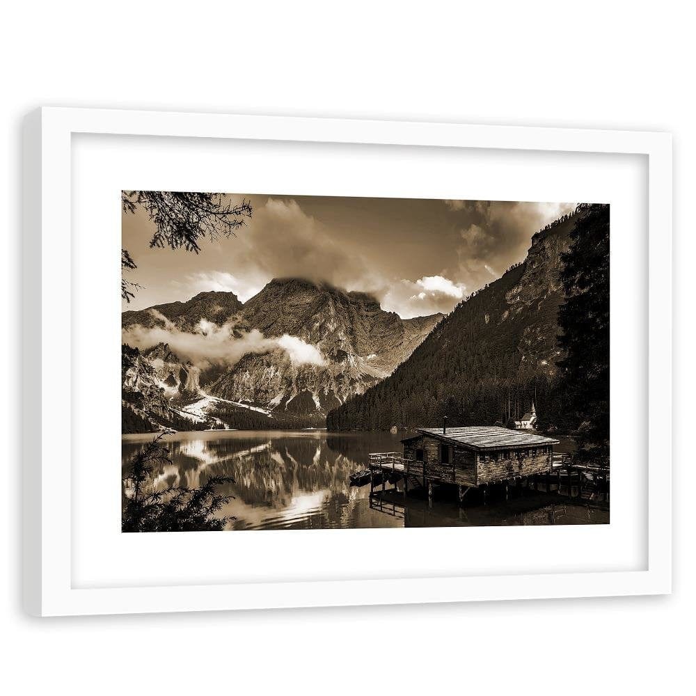 Glezna baltā rāmī - Cottage By The Mountain Lake 1 Home Trends DECO