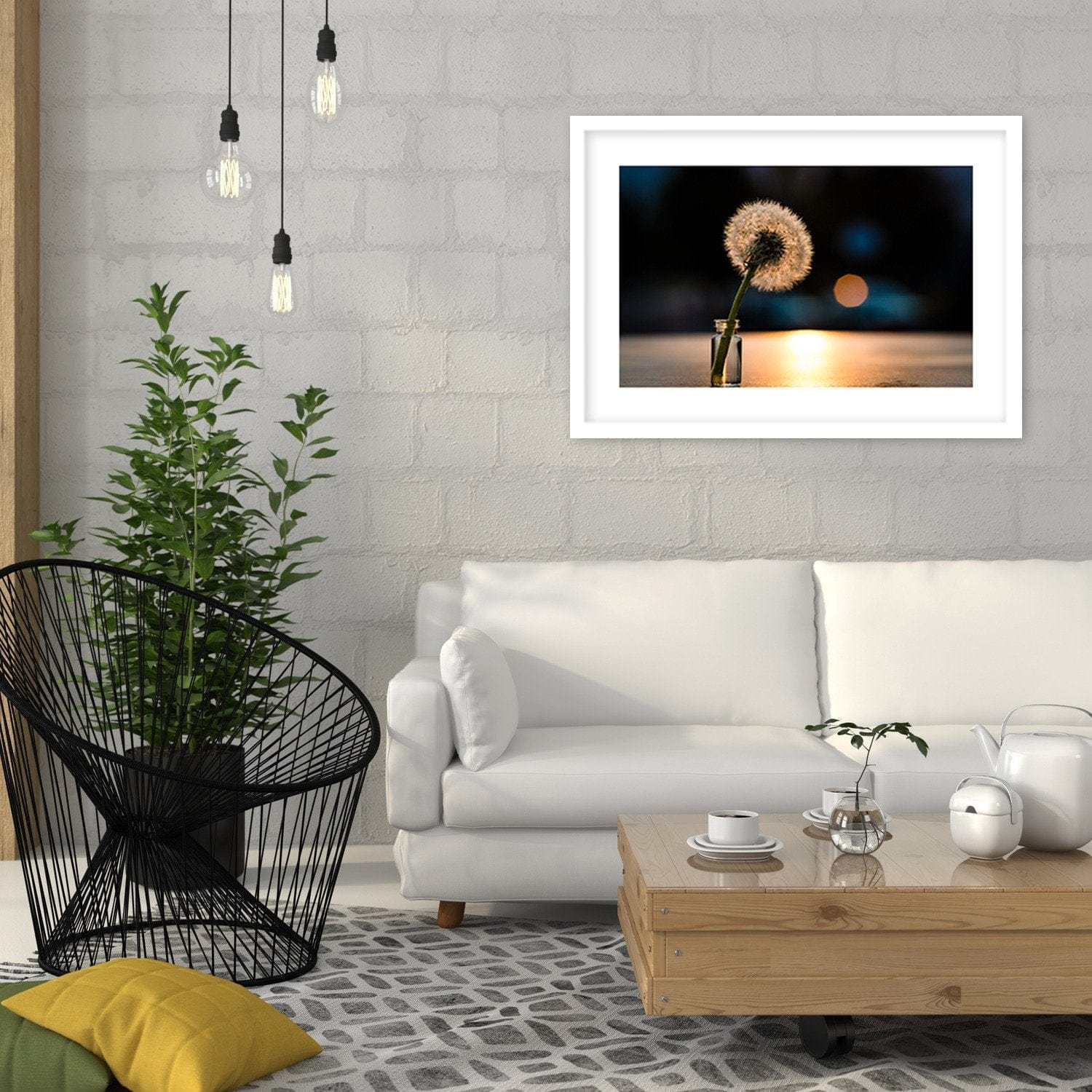 Glezna baltā rāmī - Dandelion In A Vase Home Trends DECO