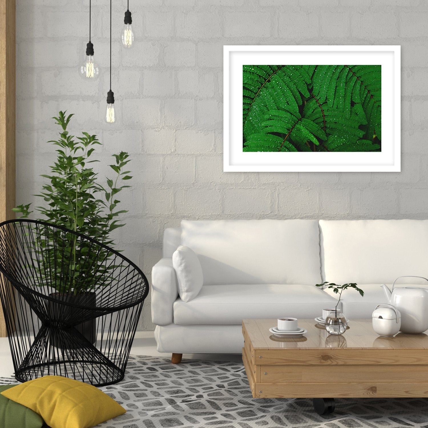 Glezna baltā rāmī - Drops On The Leaves Of A Fern Home Trends DECO