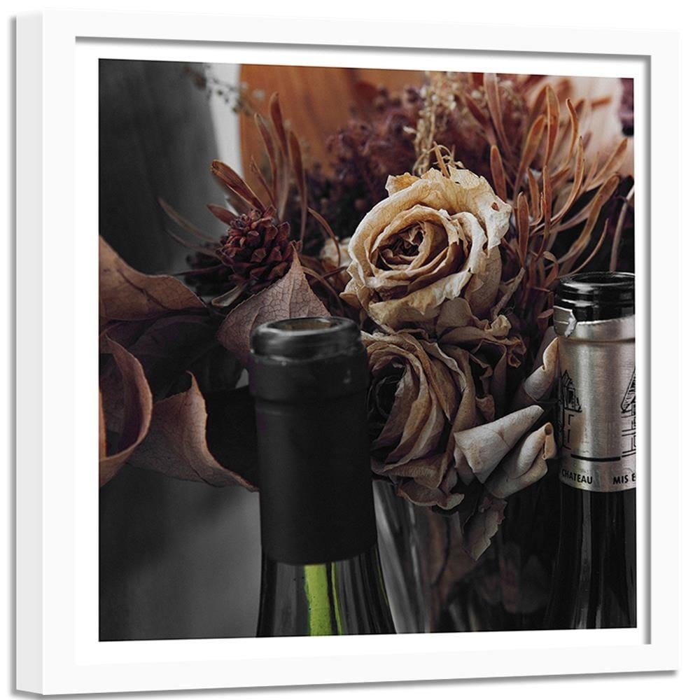 Glezna baltā rāmī - Dry Flowers And Bottles Of Wine Home Trends DECO