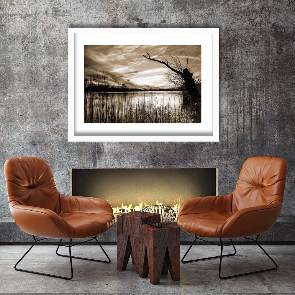 Glezna baltā rāmī - Dry Tree On The Lake 1 Home Trends DECO