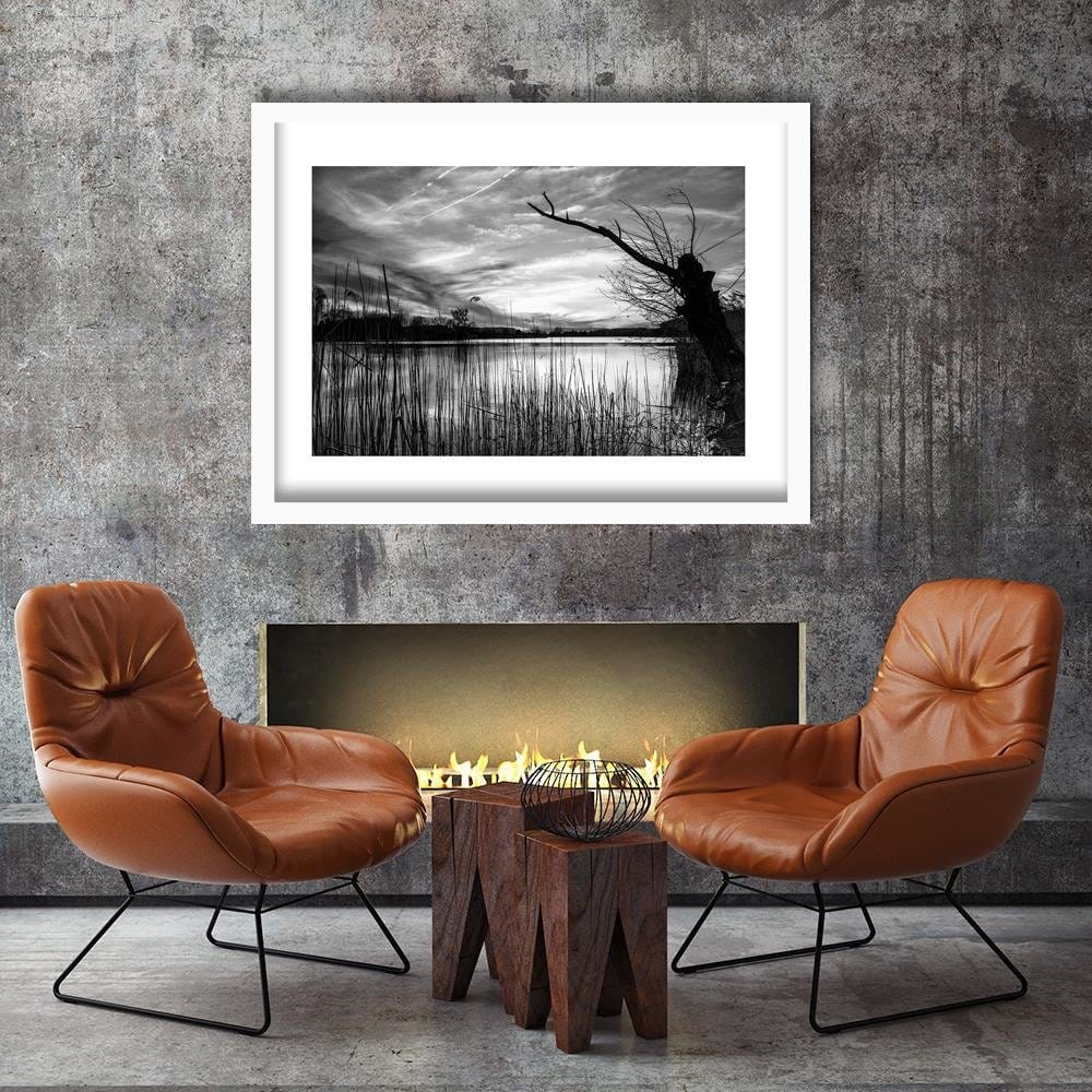 Glezna baltā rāmī - Dry Tree On The Lake 2 Home Trends DECO