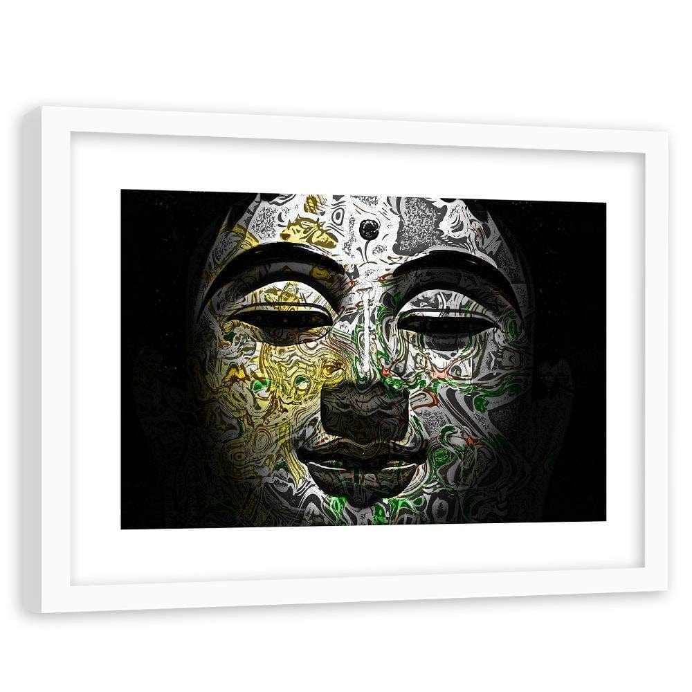 Glezna baltā rāmī - Face Of Buddha In Patterns Home Trends DECO