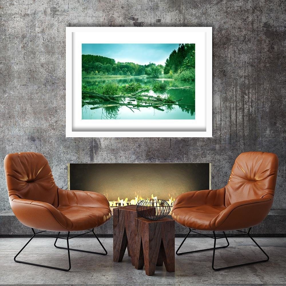 Glezna baltā rāmī - Fallen Tree In The Lake 4 Home Trends DECO