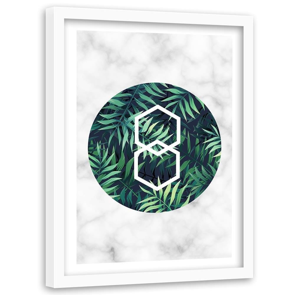 Glezna baltā rāmī - Fern Leaf In A Circle - Marble Home Trends DECO