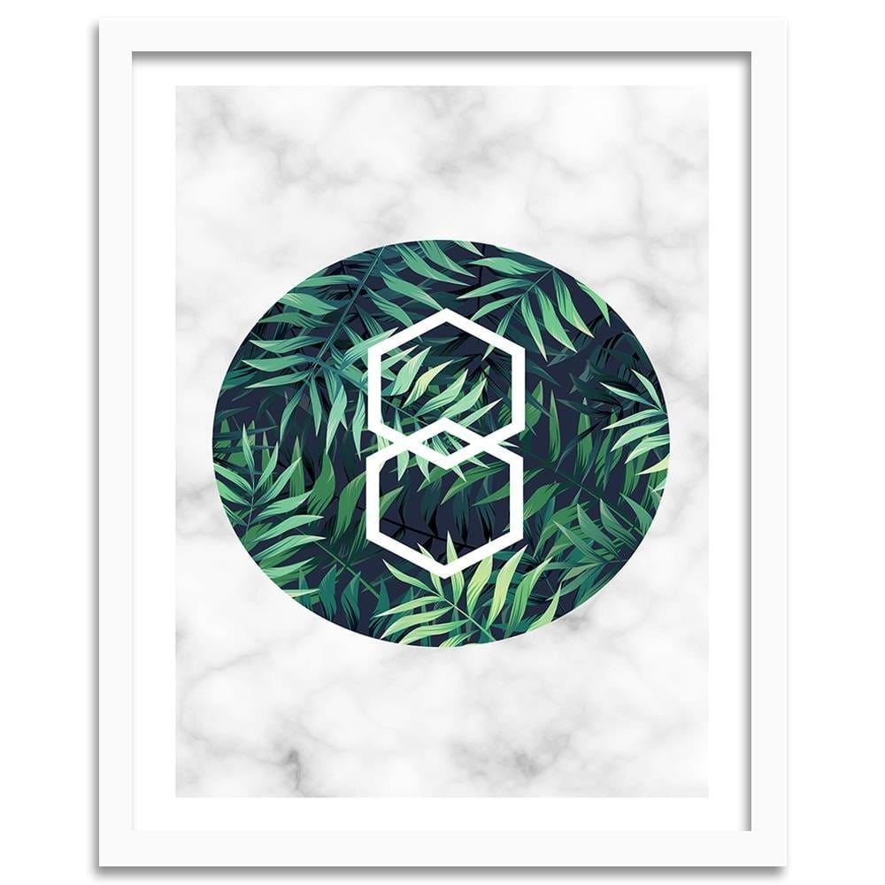 Glezna baltā rāmī - Fern Leaf In A Circle - Marble Home Trends DECO