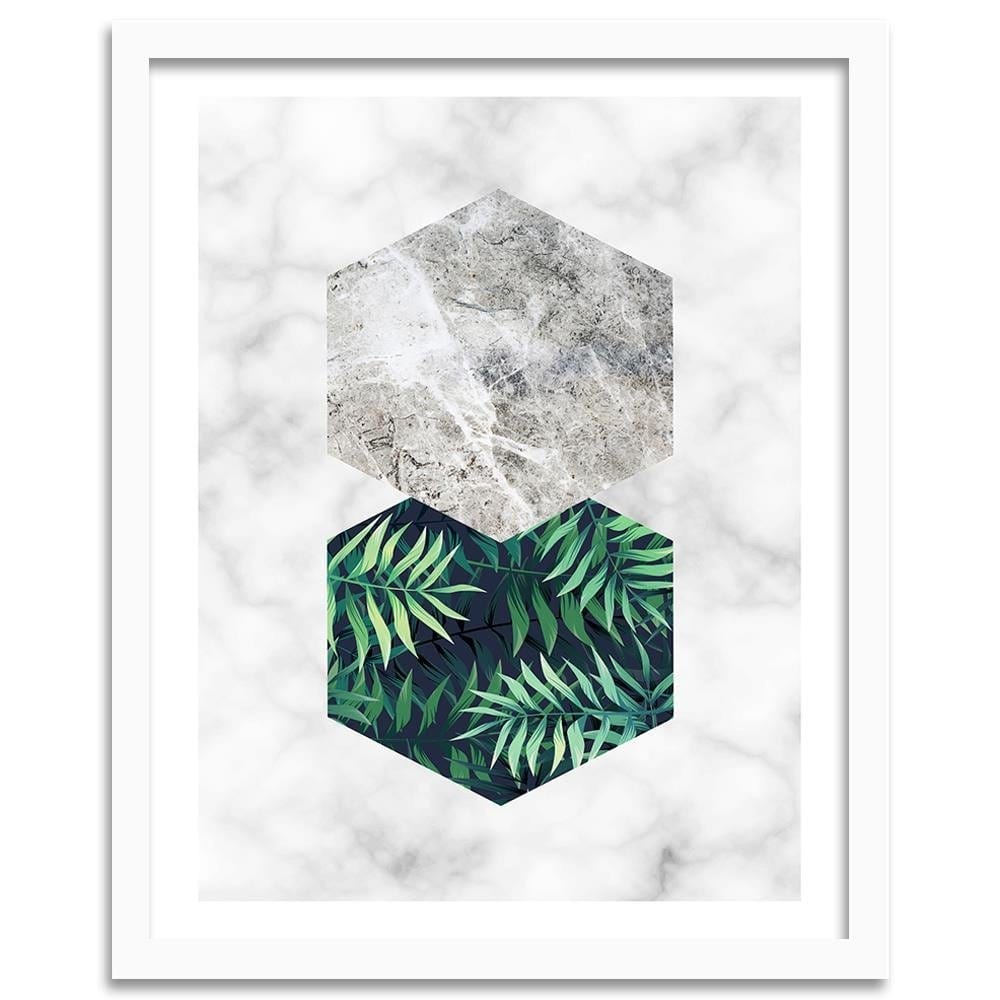 Glezna baltā rāmī - Fern Leaf In A Hexagon - Marble Home Trends DECO