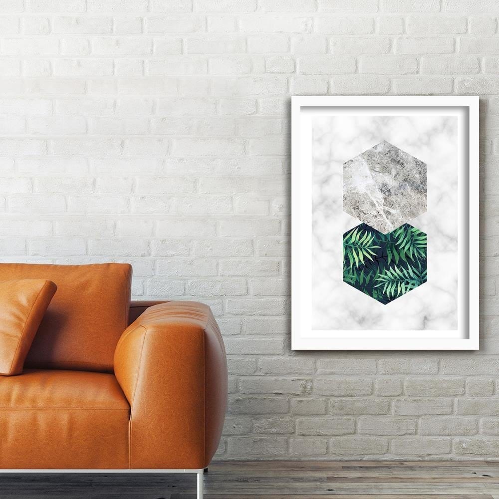 Glezna baltā rāmī - Fern Leaf In A Hexagon - Marble  Home Trends DECO