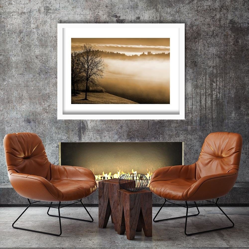 Glezna baltā rāmī - Fog Over The Lake 1 Home Trends DECO