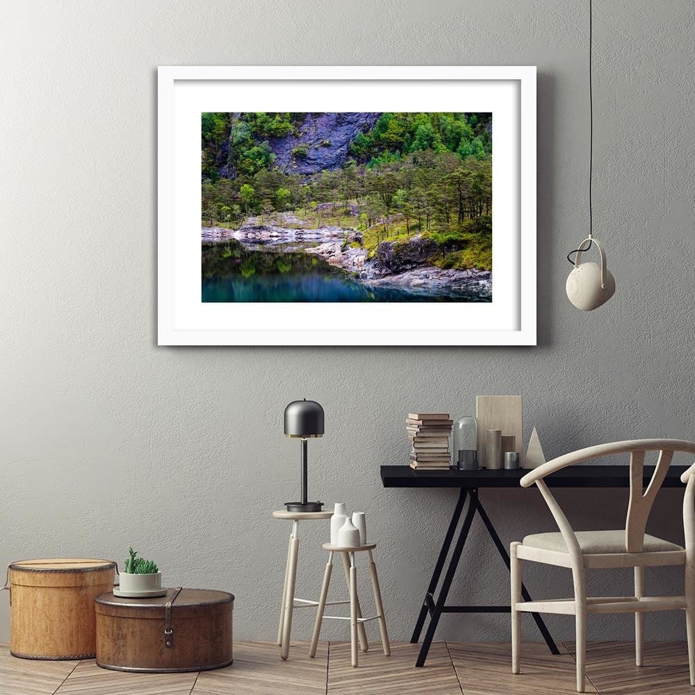 Glezna baltā rāmī - Forest On A Mountain Lake Home Trends DECO
