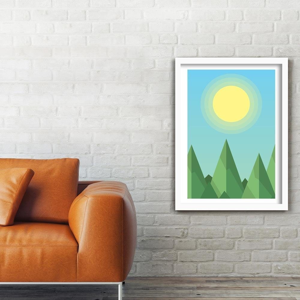 Glezna baltā rāmī - Geometric Forest Landscape With The Sun  Home Trends DECO