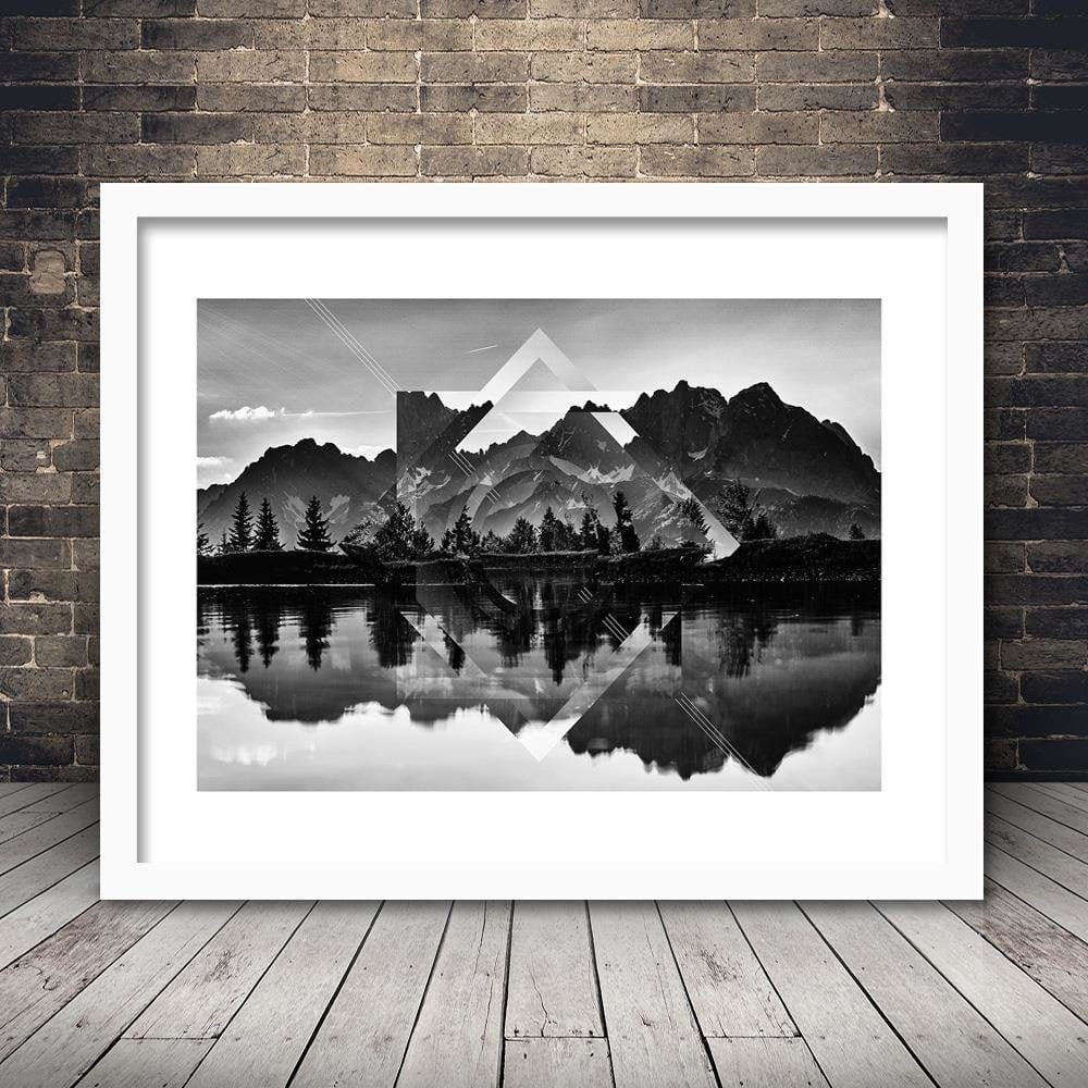 Glezna baltā rāmī - Geometric Landscape With Figures Of 3 Home Trends DECO