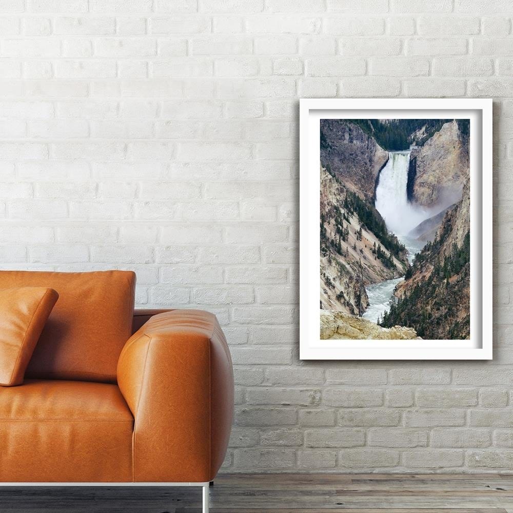 Glezna baltā rāmī - Great Waterfall In The Mountains Home Trends DECO