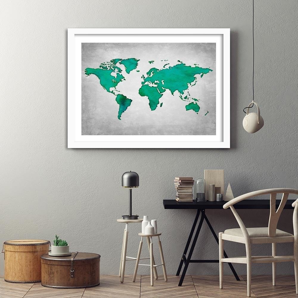 Glezna baltā rāmī - Green Map Of The World On Concrete Home Trends DECO