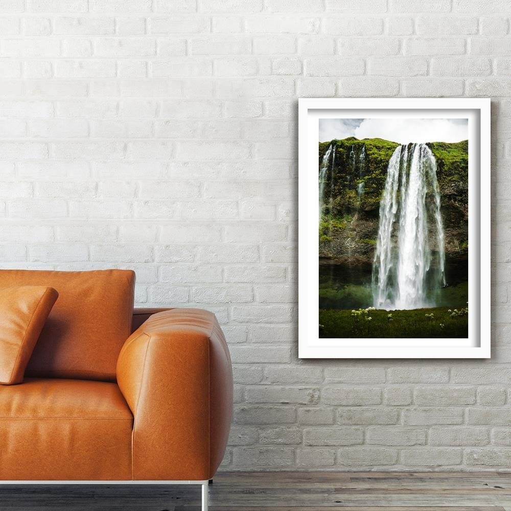 Glezna baltā rāmī - Green Waterfall In The Mountains Home Trends DECO