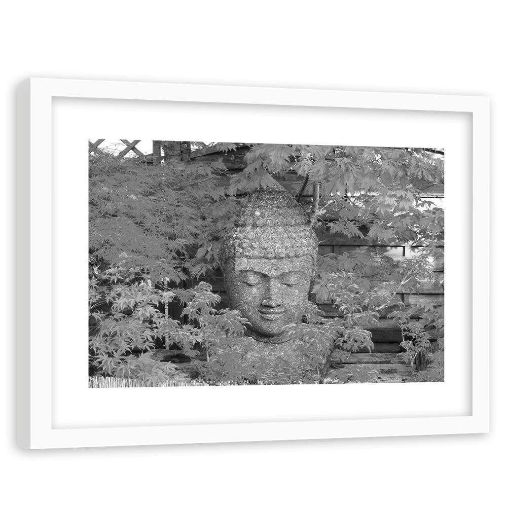 Glezna baltā rāmī - Head Of Buddha Among The Leaves Home Trends DECO